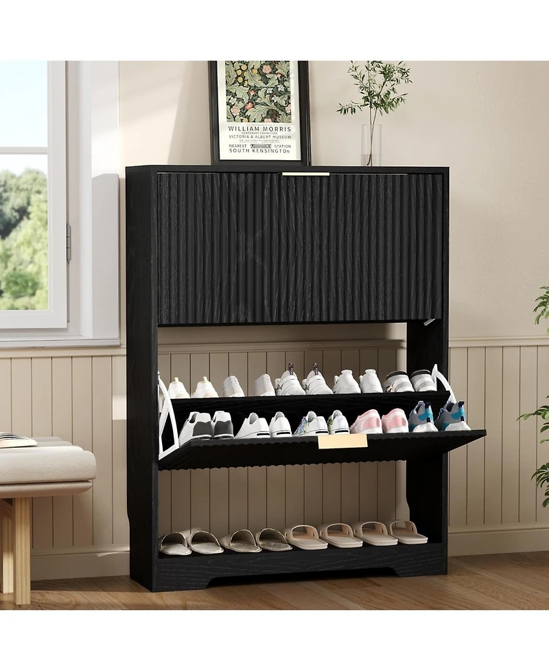homfan Fluted Shoe Cabinet for Entryway with 2 Flip Drawers, Narrow Shoe Rack with Open Storage and Adjustable Shelf, 29.9"W x 9.4"D x 40"H