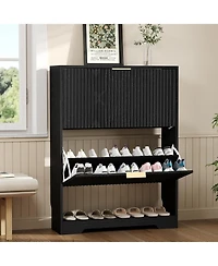 homfan Fluted Shoe Cabinet for Entryway with 2 Flip Drawers, Narrow Shoe Rack with Open Storage and Adjustable Shelf, 29.9"W x 9.4"D x 40"H