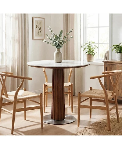 Tribesigns Round Dining Table, Solid Wood Dinner Table with Thickened Top and Steel Pedestal, Mid Century Modern Bistro Table