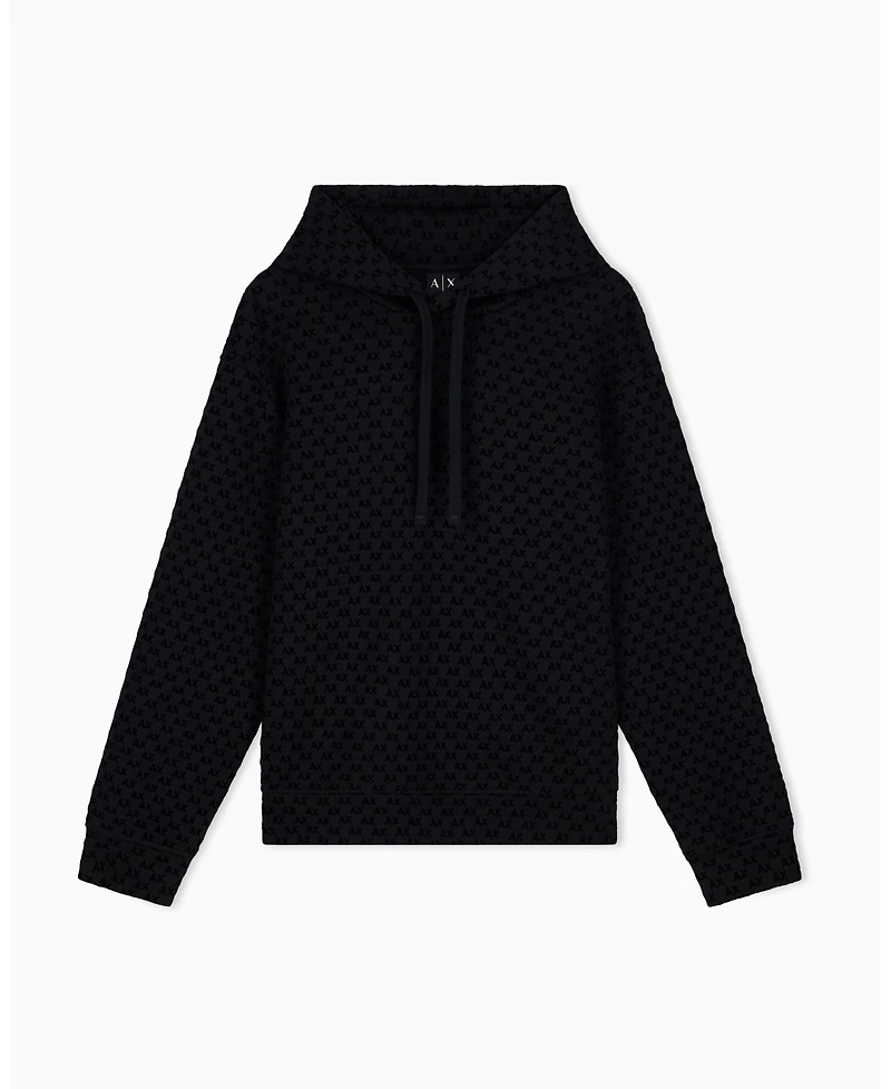 A|X Armani Exchange Men's Bonded Cotton Flocked All Over Logo Hoodie Sweatshirt