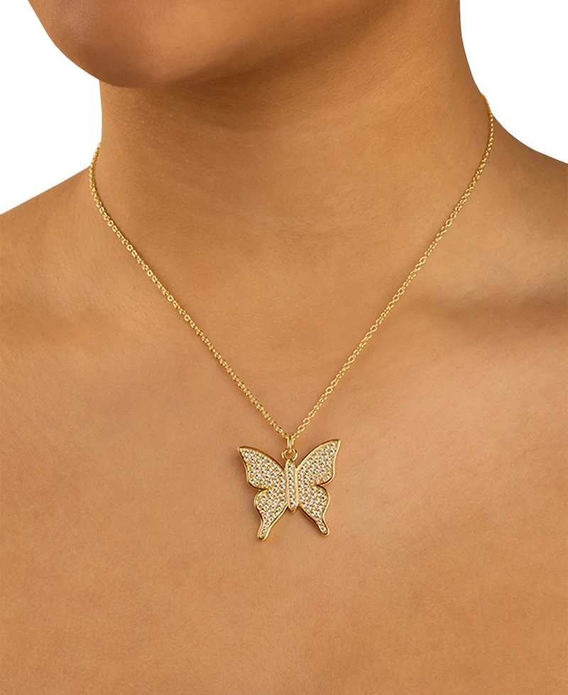 Sterling Forever Rhodium-Plated Brass Pave Cubic Zirconia Butterfly Pendant Necklace