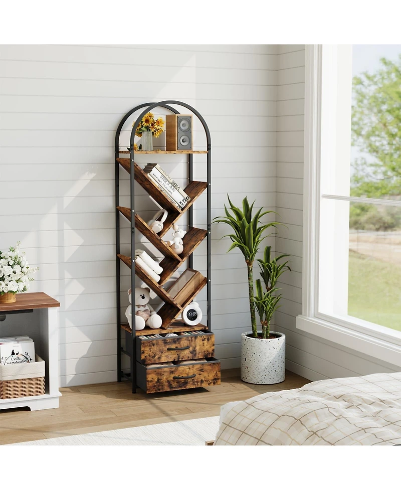 Gaomon Tree Bookshelf with 2 Fabric Drawers, 6-Tier Tall Narrow Bookcase for Small Spaces, Industrial Book Shelf Organizer for Bedroom Living Room