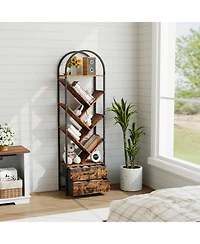 Gaomon Tree Bookshelf with 2 Fabric Drawers, 6-Tier Tall Narrow Bookcase for Small Spaces, Industrial Book Shelf Organizer for Bedroom Living Room