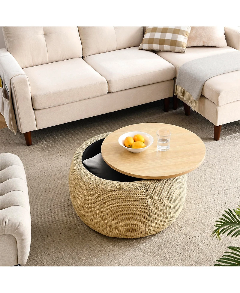 Rainsken Linen Upholstered Round Storage Ottoman