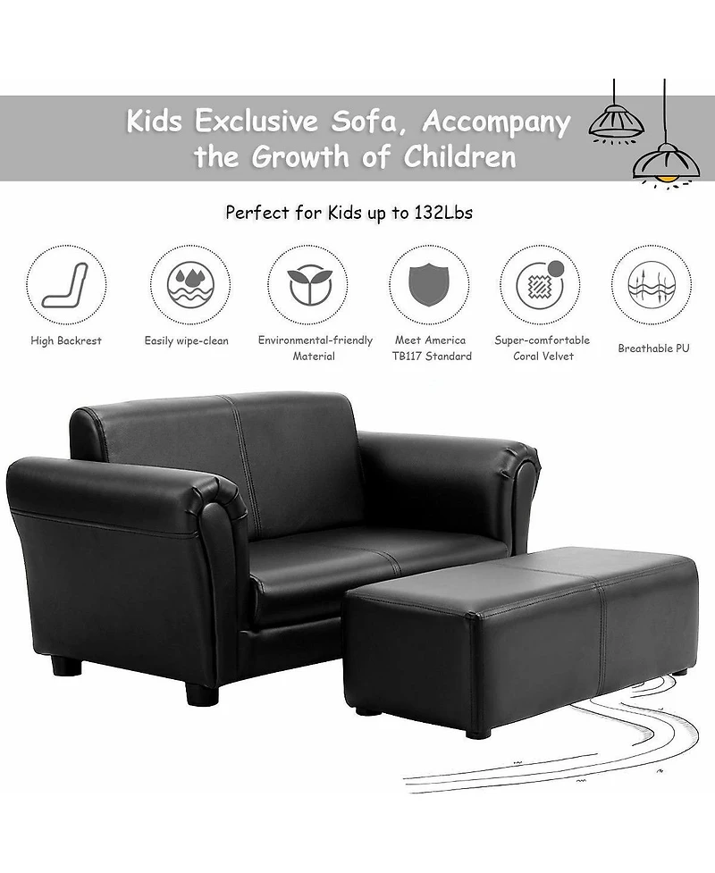 Gouun Kids 2-Seat Couch with Matching Ottoman for Playroom, 32.5 x 16.5 in
