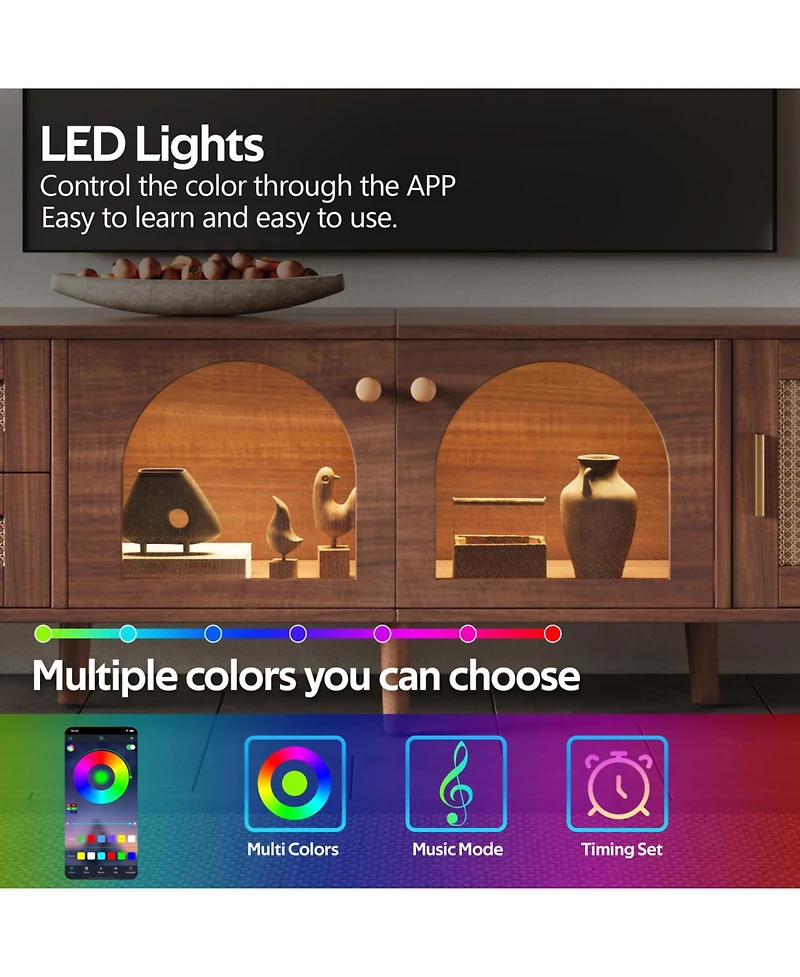 Rainsken 70'' Led Rattan Tv Stand, with App Controlled Led Lights, for TVs up to 80'', Rattan-inspired Media Console Table, for Living room, Bedroom
