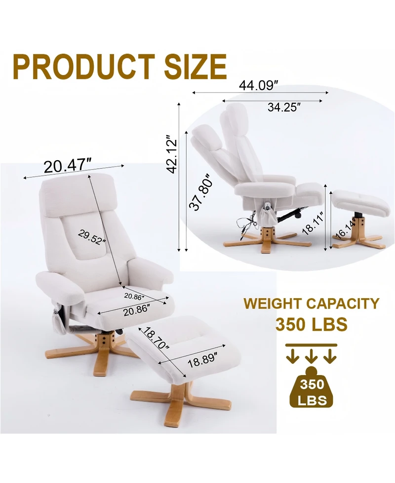 Rainsken 360degree(s) Swivel Accent Chair, with Upholstered Heated Massage, Ergonomic Lounge Recliner, ottoma, for Bedroom, Office, Apartment