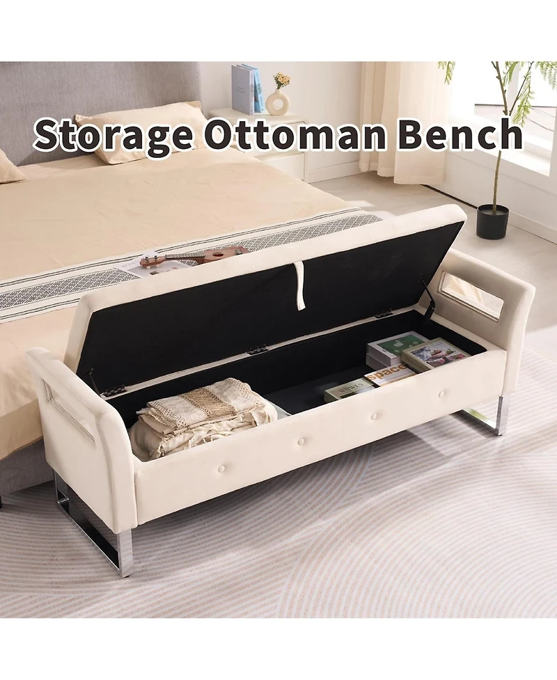 Rainsken Storage Ottoman, 67.91" Velvet Upholstered End of Bed Bench with Armrests for Living Room, Entryway