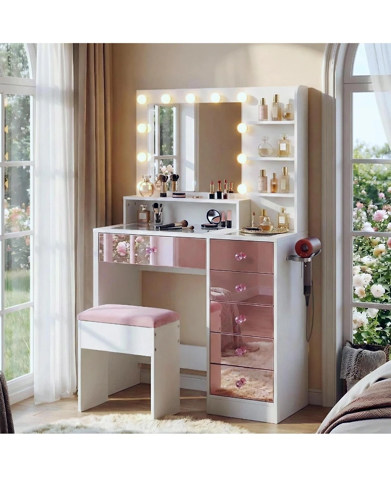 Rainsken Dressing Table Set with Cushioned Stool, Modern Makeup Vanity with Glass Top, 11 Led Bulbs, 6 Storage Drawer and Shelves for Bedroom