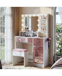 Rainsken Dressing Table Set with Cushioned Stool, Modern Makeup Vanity with Glass Top, 11 Led Bulbs, 6 Storage Drawer and Shelves for Bedroom