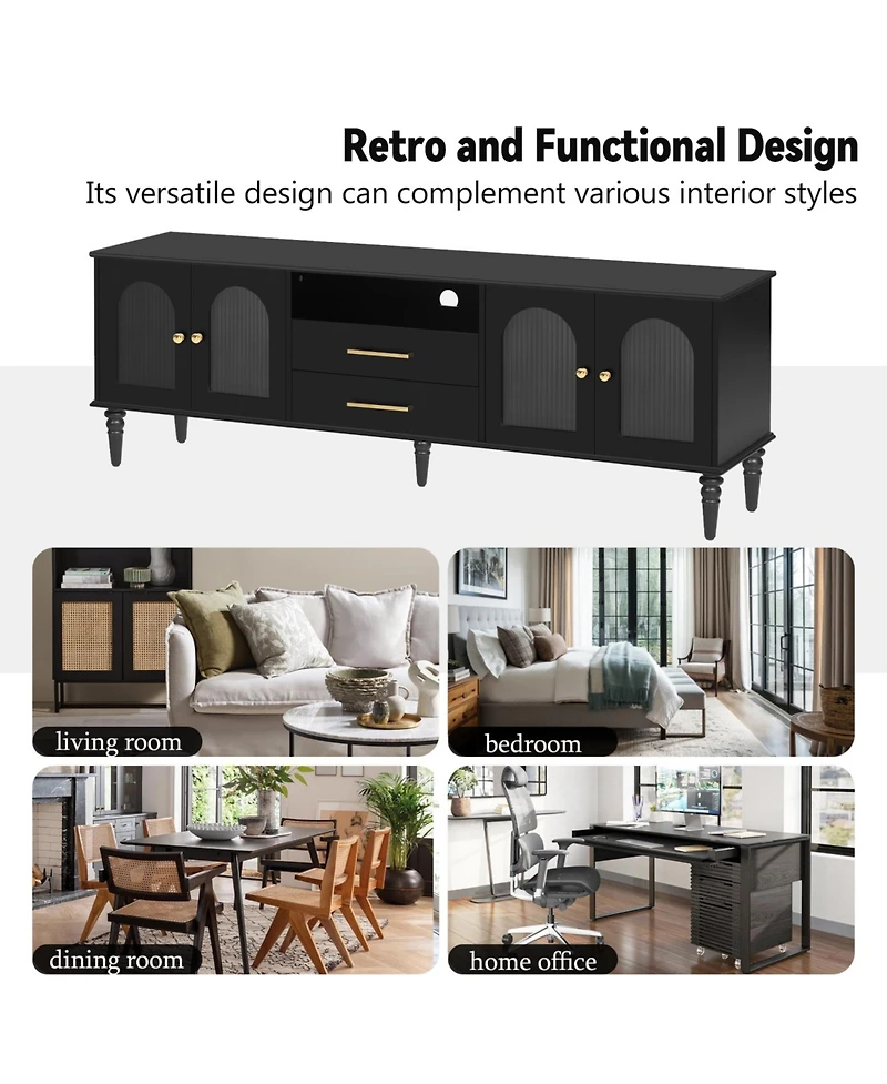 Rainsken 68.9'' Retro Tv Stand, with Fluted Glass Doors, for TVs up to 75 Inches, Entertainment Center Media Console Table, for Living room, Bedroom