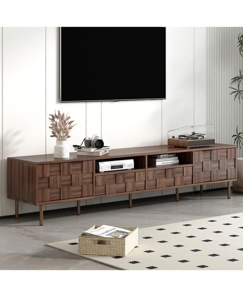 Rainsken 80" Mid Century Tv Stand, with 2 Drawers, 2 Doors, and Open Space, for TVs Up to 85", Media Console, for Living room, Bedroom