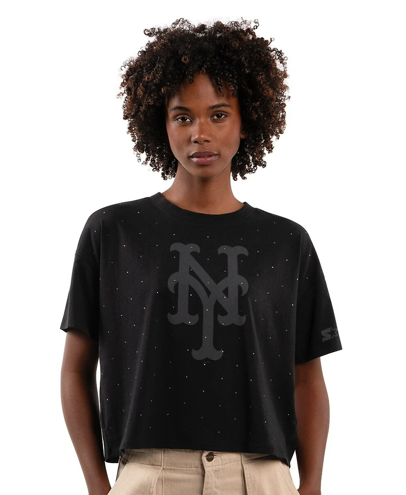 Starter Women's Black New York Mets Rhinestone Sprinkle Boxy Cropped T-Shirt