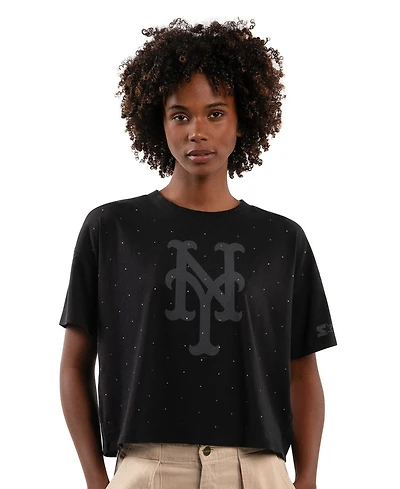 Starter Women's Black New York Mets Rhinestone Sprinkle Boxy Cropped T-Shirt