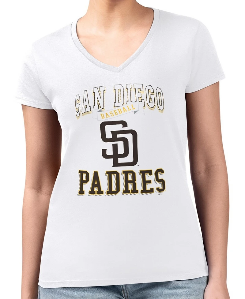 G-iii 4Her by Carl Banks Women's White San Diego Padres Super-Slim Fit Lightweight Team Logo Graphic V-Neck T-Shirt