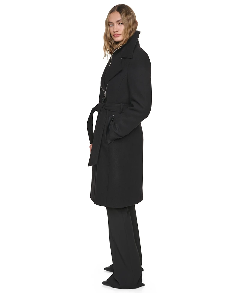 Dkny Women's Faux-Leather Trimmed Assymetrical Wrap Coat