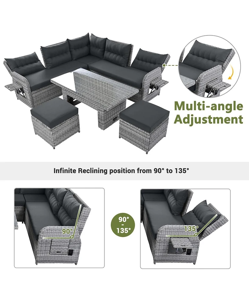 Asagikoiai Outdoor Rattan Sectional Sofa Set with Adjustable Table and Recliners and Ottomans