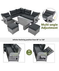 Asagikoiai Outdoor Rattan Sectional Sofa Set with Adjustable Table and Recliners and Ottomans
