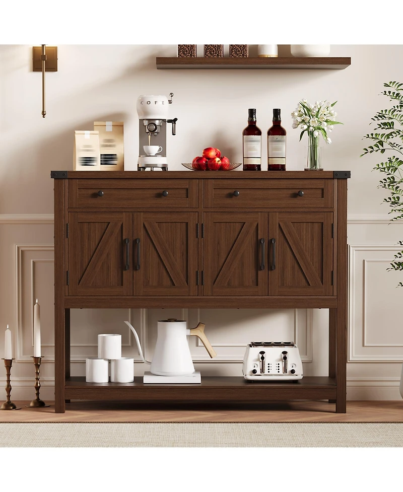 homfan 47 Inch Modern Farmhouse Wooden Console, Sideboard Buffet with 2 Drawers, 4 Barn Doors and Open Shelf for Multi-Room Storage