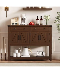 homfan 47 Inch Modern Farmhouse Wooden Console, Sideboard Buffet with 2 Drawers, 4 Barn Doors and Open Shelf for Multi-Room Storage