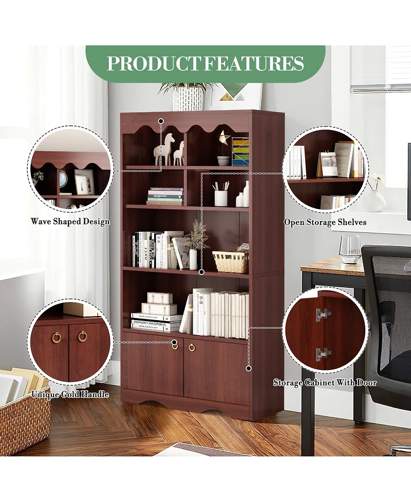 homfan Modern Wave Top Bookcase, Wood and Melamine Board Storage Cabinet with Gold Handles, 6-Cube Organizer Easy Assembly for Home Office