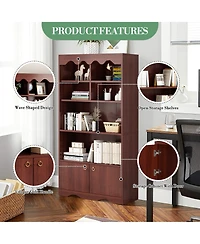 homfan Modern Wave Top Bookcase, Wood and Melamine Board Storage Cabinet with Gold Handles, 6-Cube Organizer Easy Assembly for Home Office