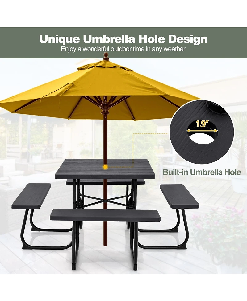 Gymax Outdoor Picnic Table 8-person Square Bench Set with 4 Benches and Umbrella Hole