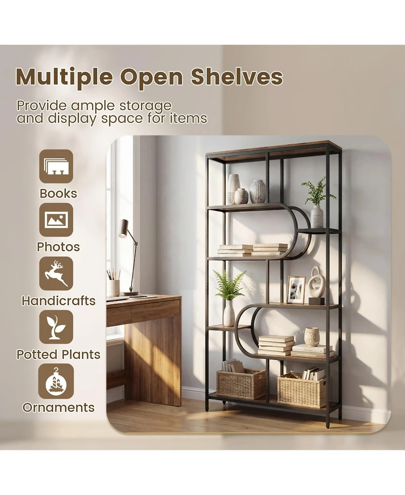 Slickblue Tall 5-Tier Bookcase with U-Shaped Open Shelves