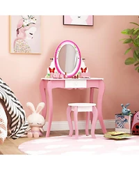 Gouun Kids Vanity Table and Stool Set with Rotating Mirror