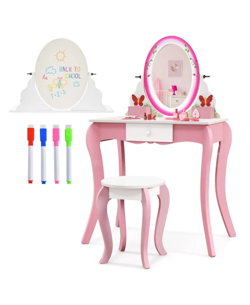 Gouun Kids Vanity Table and Stool Set with Rotating Mirror