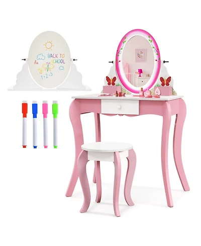 Gouun Kids Vanity Table and Stool Set with Rotating Mirror