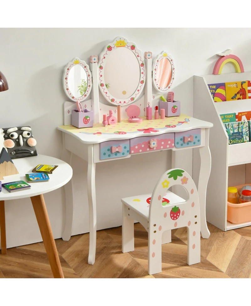 Gouun Kids Vanity Dressing Table and Chair Set with Tri-Fold Mirror