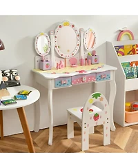 Gouun Kids Vanity Dressing Table and Chair Set with Tri-Fold Mirror