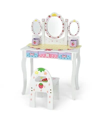 Gouun Kids Vanity Dressing Table and Chair Set with Tri-Fold Mirror