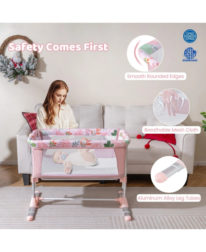 Gouun Baby Folding Bedside Bassinet Sleeper with 4 Adjustable Heights