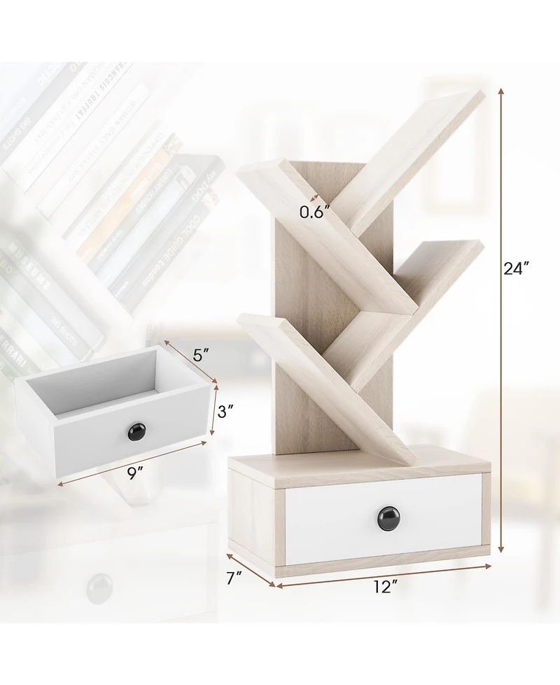 Gouun 5-Tier Tree-Shaped Bookcase with Bottom Drawer and Wide Stable Base