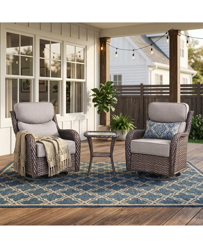 Pocassy 3 Pieces Patio Furniture Set with 6in Cushions, Outdoor Swivel Rocker Chairs, Wicker Bistro Rocking Chair, Side Table