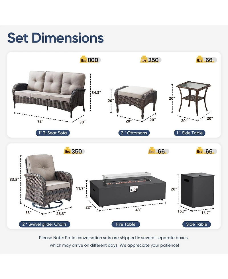 Pocassy 8 Piece Patio Furniture Set with 43" Fire Pit Kit Wicker Rattan Outdoor Sofa Swivel Rocker Chairs and Thickened Cushions