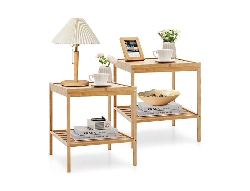 2 Pieces 2 Tiers Bamboo Nightstand for Living Room Bedroom-Natural