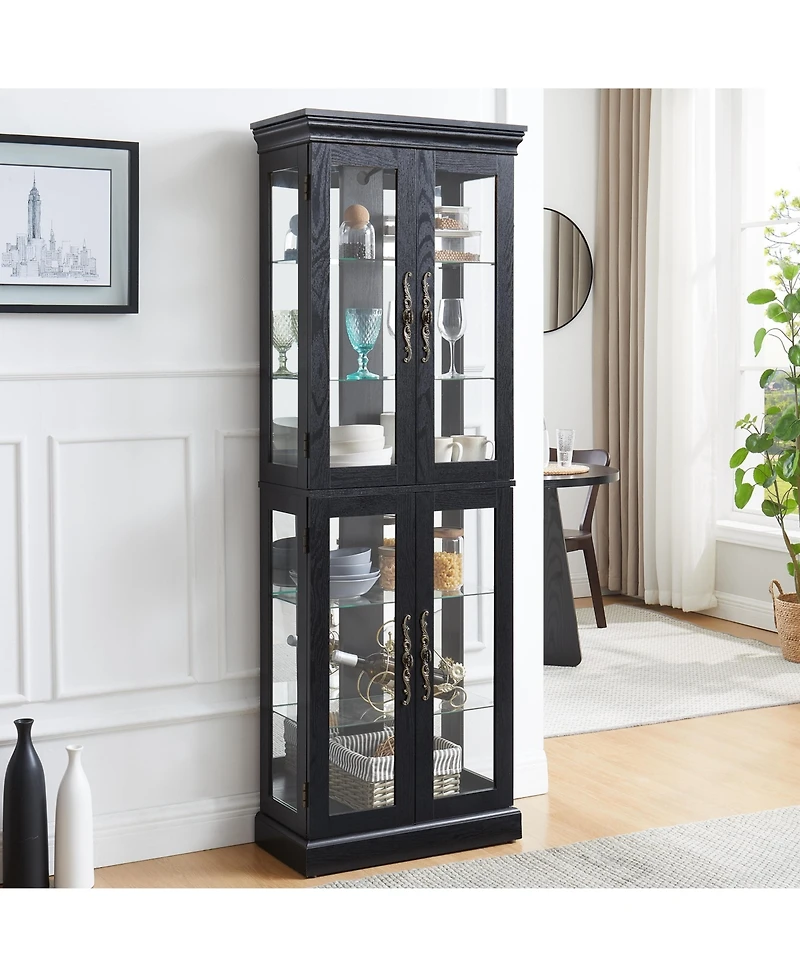 sumyeg Elegant Lighted Glass Curio Display Cabinet Wooden Frame Storage Includes Light Bulb