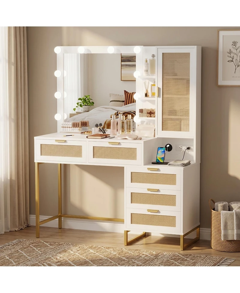 homfan Makeup Vanity Desk with Lights and Mirror, 3 Dimmable Light Modes, 5 Rattan Front Drawers, Hidden Cabinet, Built-in Power Strip, Metal Frame