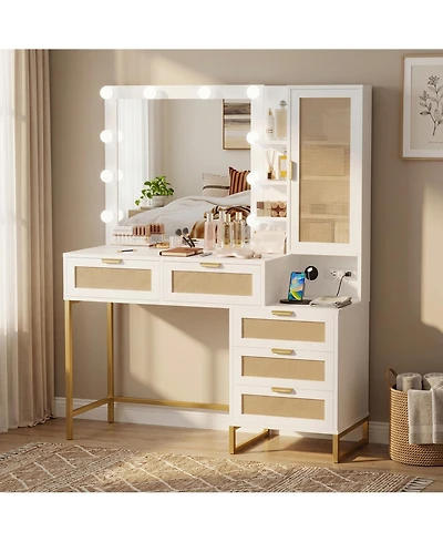 homfan Makeup Vanity Desk with Lights and Mirror, 3 Dimmable Light Modes, 5 Rattan Front Drawers, Hidden Cabinet, Built-in Power Strip, Metal Frame