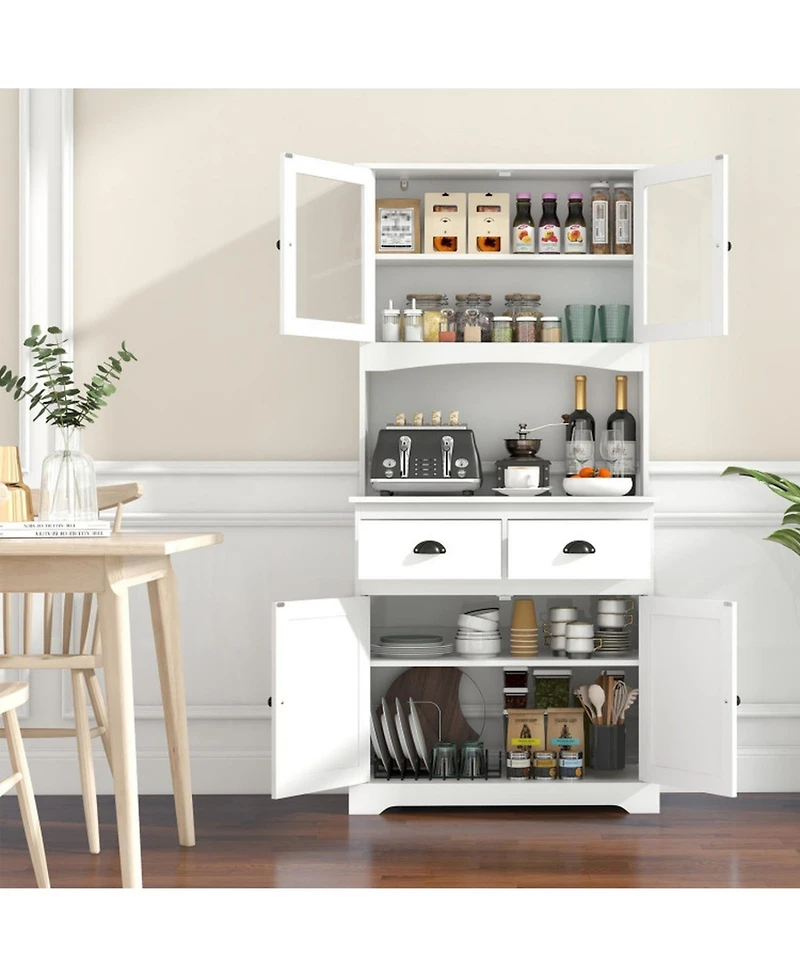 Gouun Tall Sideboard Storage Cabinet with 2 Drawers and Glass Doors