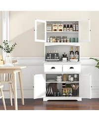 Gouun Tall Sideboard Storage Cabinet with 2 Drawers and Glass Doors
