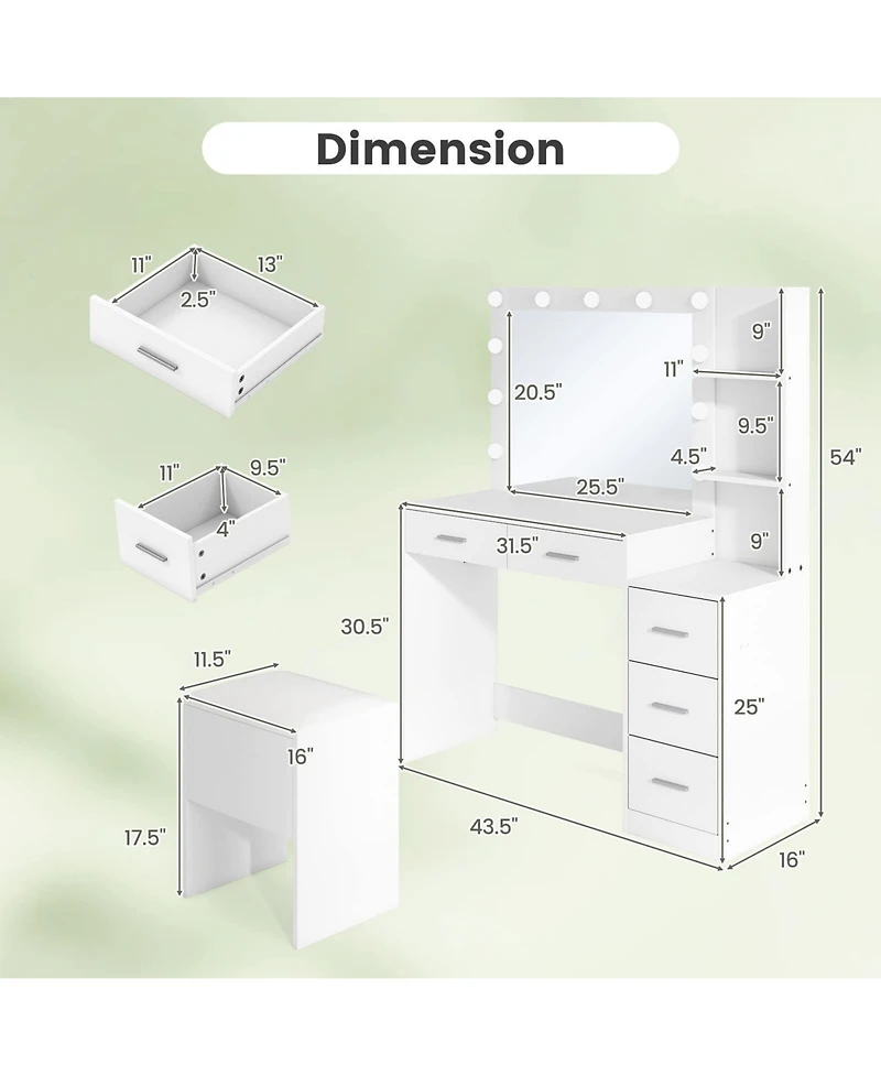 Costway Makeup Table Set Vanity Desk with Storage Stool Power Outlets 2 Open Shelves