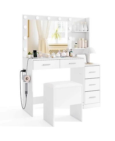 Costway Makeup Table Set Vanity Desk with Storage Stool Power Outlets 2 Open Shelves