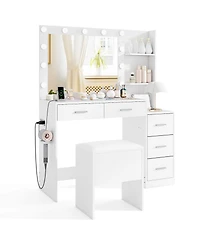 Costway Makeup Table Set Vanity Desk with Storage Stool Power Outlets 2 Open Shelves