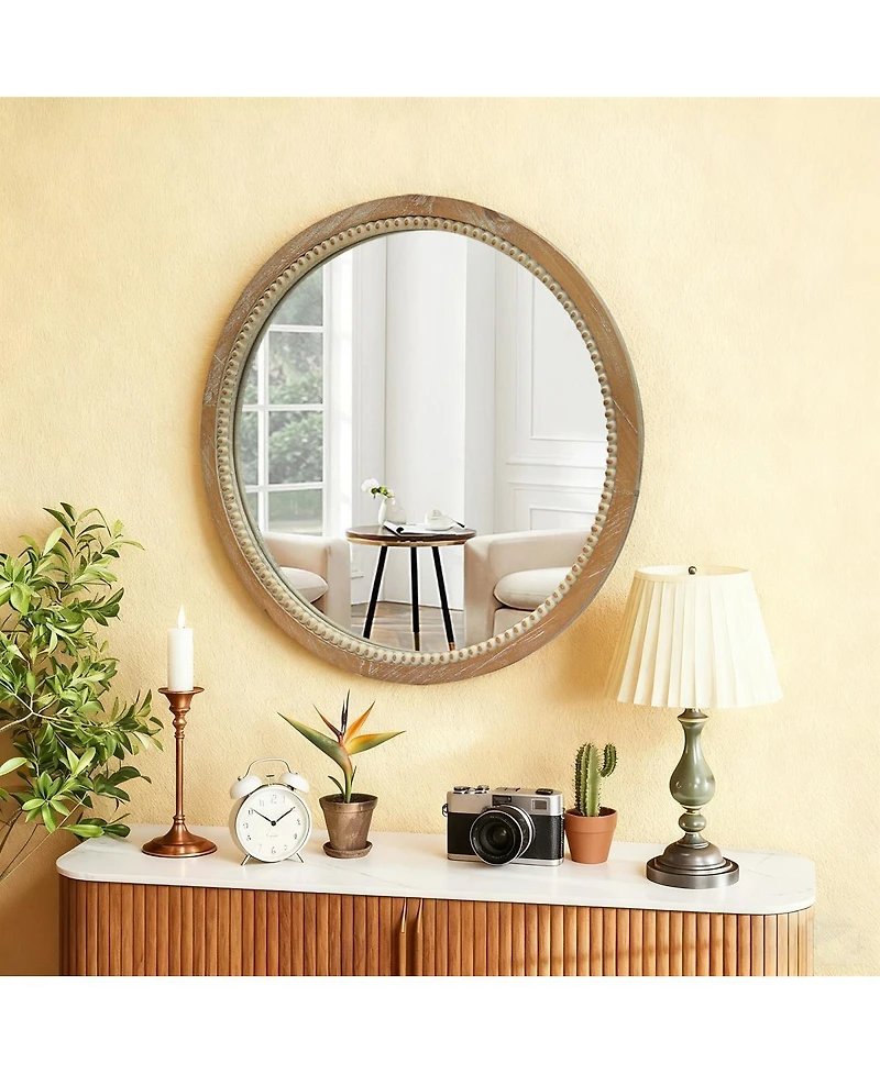 Laoties 23.6" Farmhouse Round Wall Mirror Beaded Trim for Living Room and Bathroom
