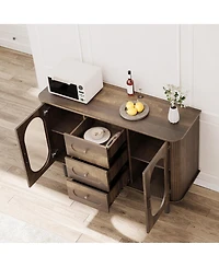 homfan 47.2 Inch Mid-Century Fluted Glass Sideboard with 3 Drawers, Adjustable Shelves and Anti-Wobble Base, Coffee Bar Entryway Credenza