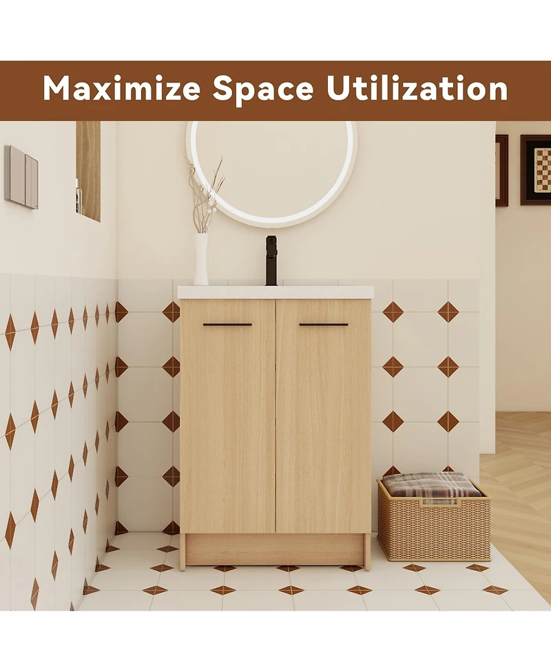 Phying 24 Inch Light Oak Freestanding Bathroom Vanity Bathroom Cabinet Space Saving Home Bathroom Furniture for Small Bathrooms Apartment
